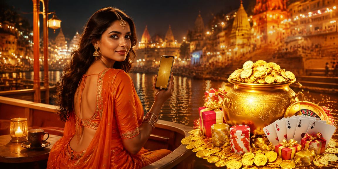Mobile casino player enjoying Teen Patti at Varanasi ghats